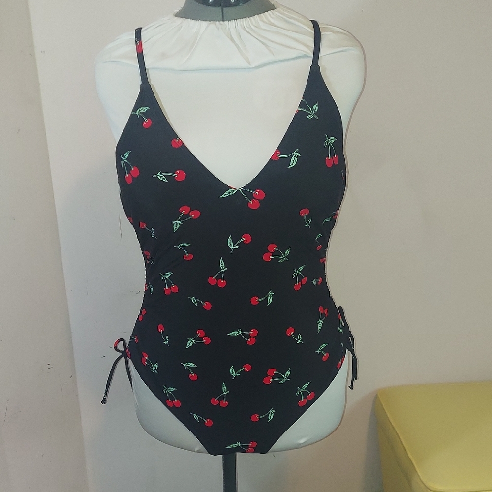 Black Swimsuit with Cherry Print